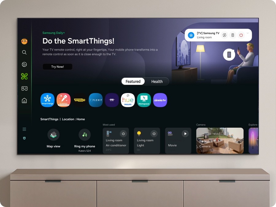 The home screen for Samsung Daily+ shows apps and services. The screen scrolls down to highlight the Most Used smart devices. Screen scrolls up and shows the category switching from Featured to Health. Scrolls back down to show the Workout Tracker options. The Galaxy Watch 6 option is highlighted.