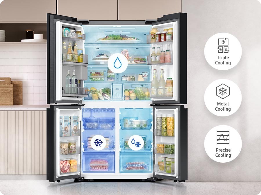 All four refrigerator doors are open. The upper fridge and lower left and right freezers have separate cooling systems. Next to it are icons for Triple cooling, Metal Cooling, Precise Cooling.