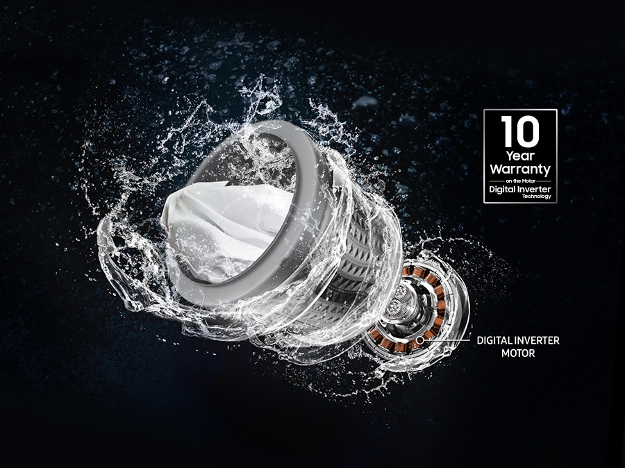 Shows the motor and clutch are shown assembled and attached to the washing machine. The washing machine with 10 year warranty on digital inverter motor.