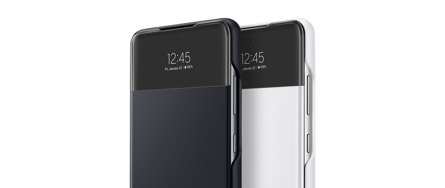 Galaxy A52 with black S-view Wallet cover and Galaxy A52 with white S-View Wallet cover are tilted to the left. Two Galaxy A52's in vertical mode.