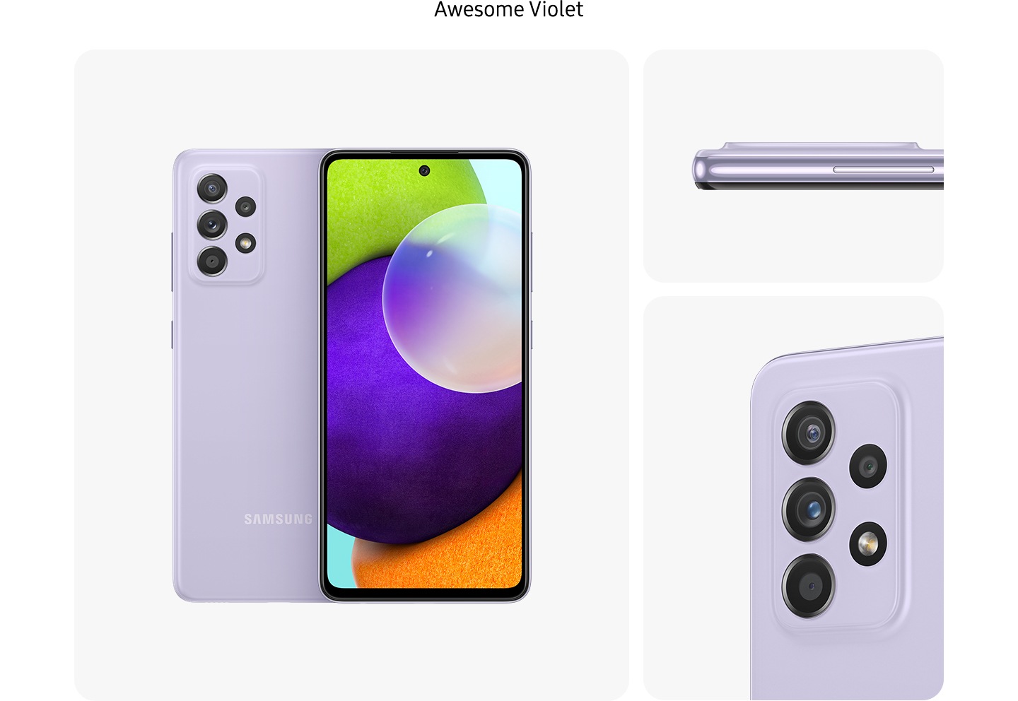 Galaxy A52 in Awesome Violet, seen from multiple angles to show the design: rear, front, side and close-up on the rear camera.