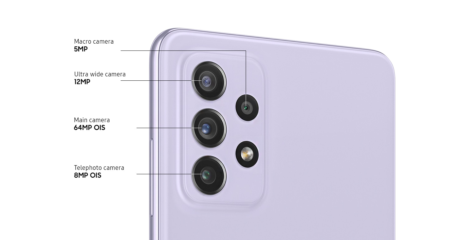 Um close-up traseiro da câmera Quad avançada no modelo Awesome Violet, mostrando a câmera telefoto F2.4 8MP OIS, a câmera principal OIS F1.8 64 MP, a câmera ultra-ampla F2.2 12MP e a câmera macro F2.4 5MP.