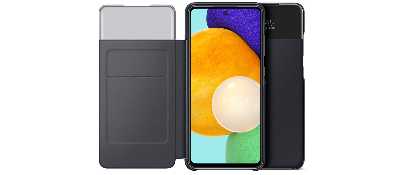 Two Galaxy A52 with black S View Wallet Covers overlap side by side. The case in front is opened, showing on-screen of the device. and the other cover in back is closed.
