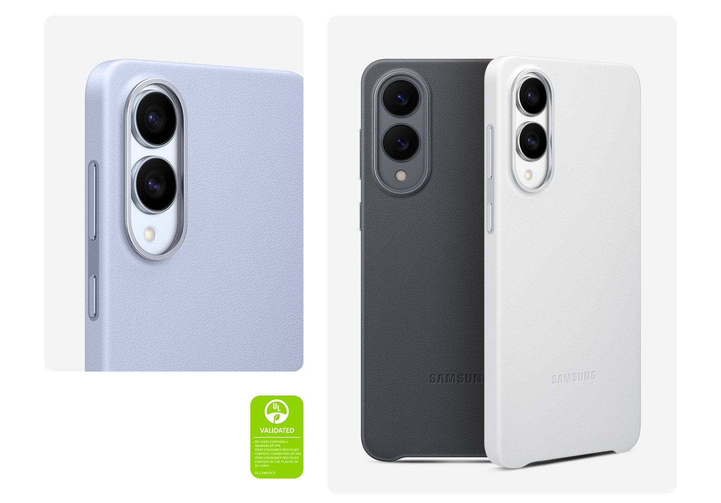 A Galaxy S25 Edge installed with the Kindsuit Case in Light Blue is shown from its upper half from a slanted angle and diagonally placed. Two Kindsuit Cases, each installed on a Galaxy S25 Edge, are shown vertically from the back side. They are in Black and Light Gray, respectively. A UL Environmental Claim Validation Mark is shown that reads 'EF-VS937 CONTAINS A MINIMUM OF 27% POST-CONSUMER RECYCLED CONTENT, CONSISTING OF 50% POST-CONSUMER RECYCLED CONTENT IN THE PLASTIC OF EF-VS937. UL.COM/ECV'.