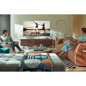 Samsung QLED QN90A is hanging on the living room using  Slim fit wall-mount
