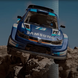 Neo QLED 8K's AI upscaling technology remasters a Samsung racecar as it flies mid-air. 