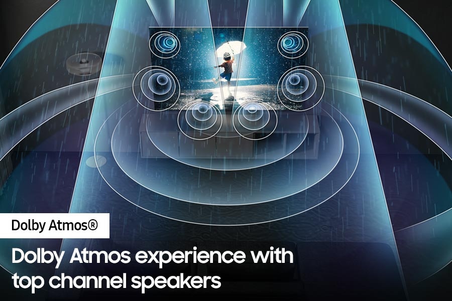 [Á QLÉ~D TV í~s shó~wíñg~ á chí~ld pl~áýíñ~g íñ t~hé rá~íñ. Sú~rróú~ñd só~úñd é~mítt~éd fr~óm Dó~lbý Á~tmós~' tóp~ cháñ~ñél s~péák~érs í~s fíl~líñg~ thé r~óóm.]