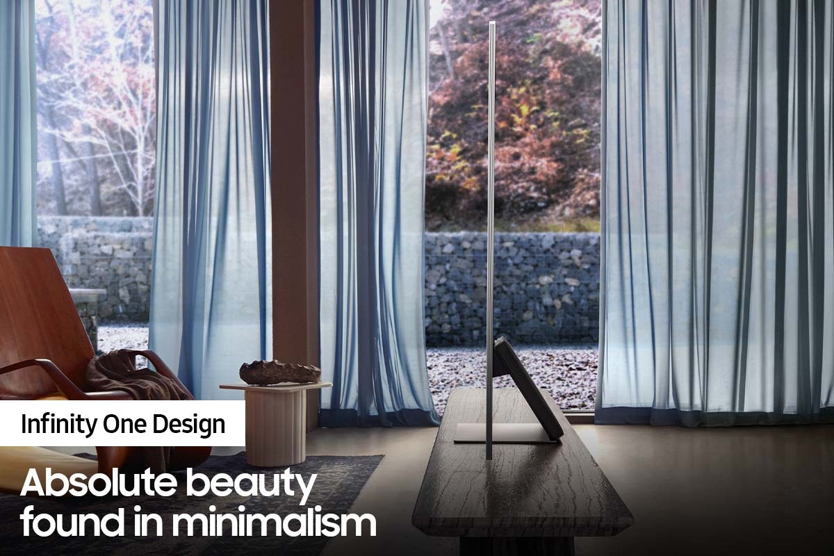QLED TV QN800A is showing the Infinity One Design design with tv stand 