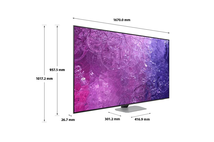 Dimension of Samsung Neo QLED TV(75 inch) QN90C with silver sharp neck hexagon stand