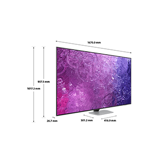 Dimension of Samsung Neo QLED TV(75 inch) QN90C with silver sharp neck hexagon stand