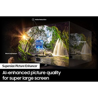 A 98inch QLED TV Q80C with Samsung’s Supersize Picture Enhancer improves content
