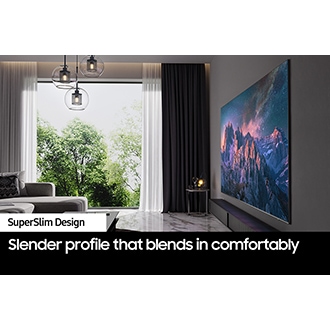 Profile view of a 98 inch QLED TV Q80C shows super slim design of QLED TV SuperSlim Design