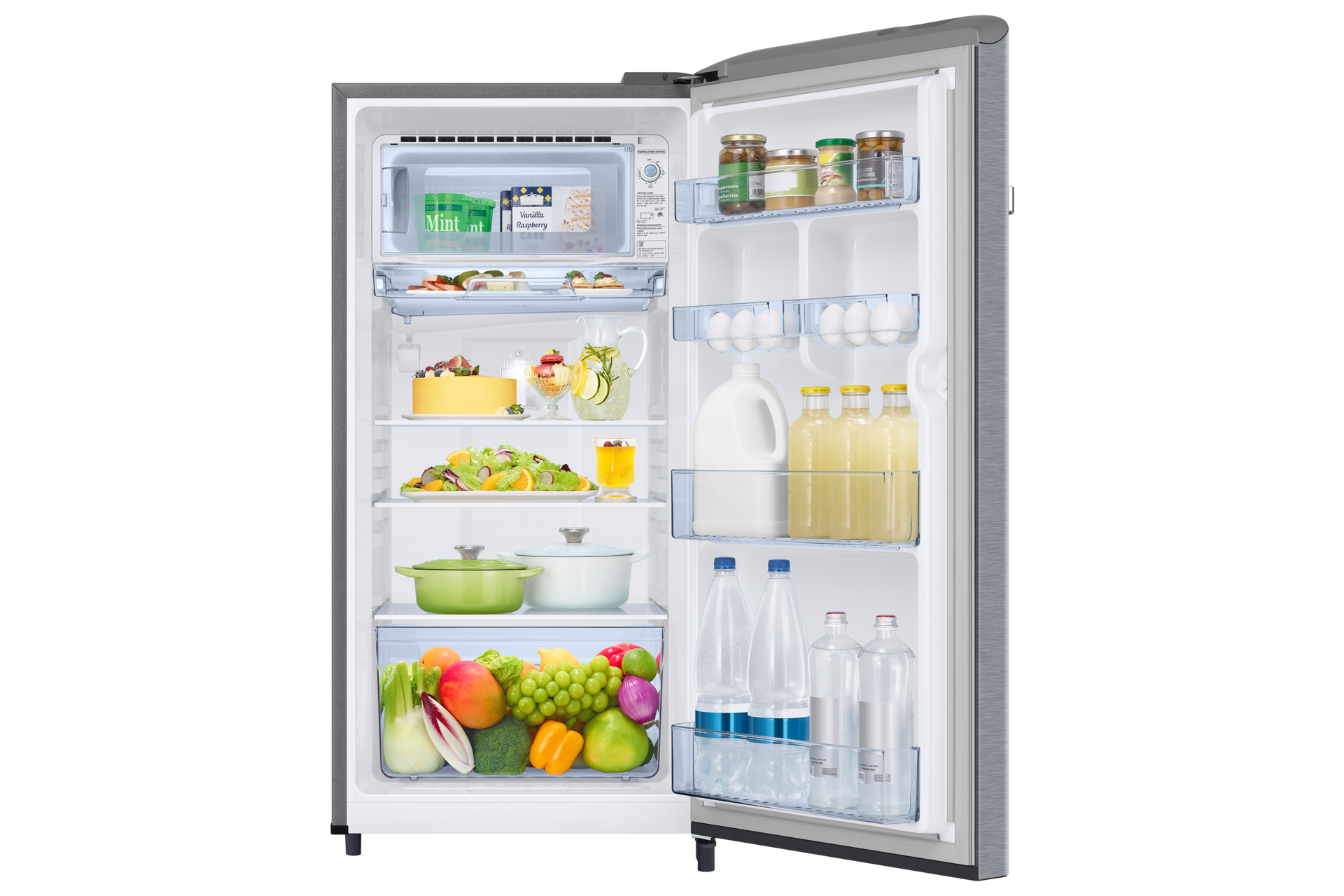 RR21H2G25S8, Single Door Refrigerator with Horizontal Curve Design 189 L Front-Open-With-Food Metallic Silver 