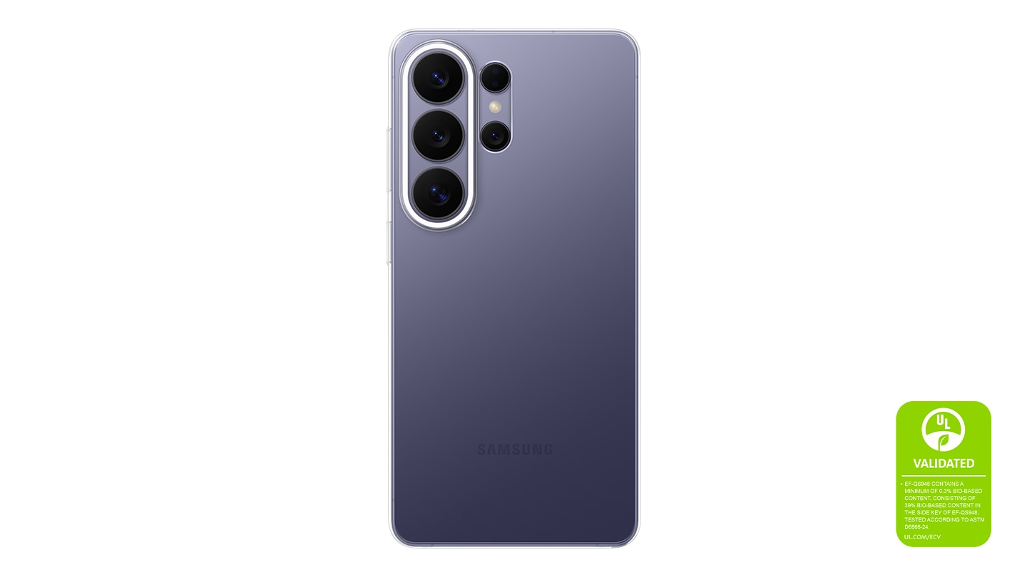 Rear-facing view of a Cobalt Violet Galaxy S26 Ultra in a Clear Case, showcasing the case's clear surface and minimal design. A UL Environmental Claim Validation Mark is shown 'UL VALIDATED. EF-QS948 CONTAINS A MINIMUM OF 0.3% BIO-BASED CONTENT, CONSISTING OF 39% BIO-BASED CONTENT IN THE SIDE KEY OF EF-QS948, TESTED ACCORDING TO ASTM D6866-24. UL.COM/ECV'.