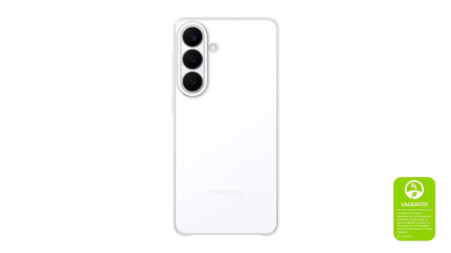 Rear-facing view of a White Galaxy S26+ in a Clear Case, showcasing the case's clear surface and minimal design. A UL Environmental Claim Validation Mark is shown 'UL VALIDATED. EF-QS947 CONTAINS A MINIMUM OF 0.3% BIO-BASED CONTENT, CONSISTING OF 39% BIO-BASED CONTENT IN THE SIDE KEY OF EF-QS947, TESTED ACCORDING TO ASTM D6866-24. UL.COM/ECV'.