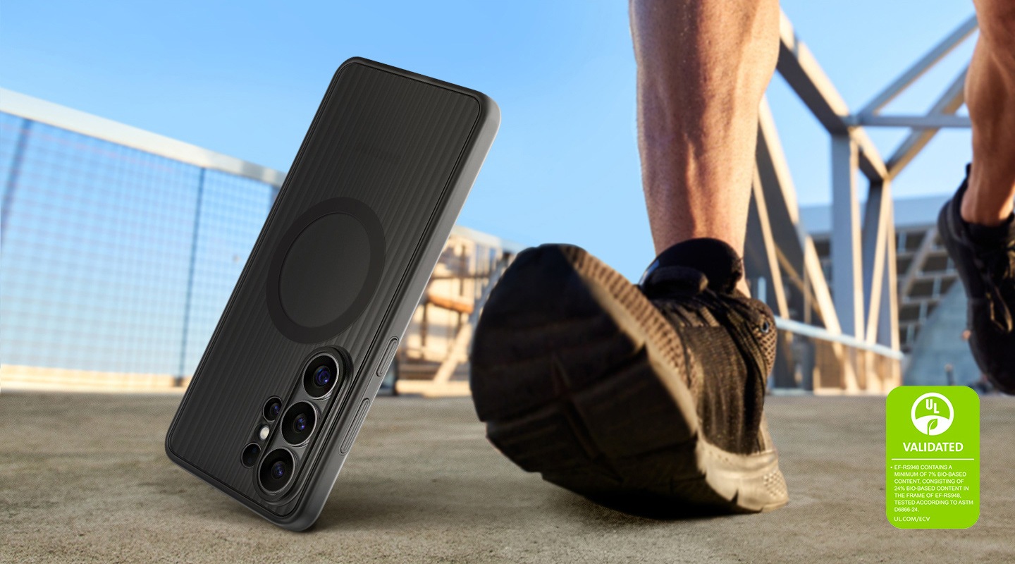 A Galaxy S26 Ultra in a Black Rugged Magnet Case is falling on the ground besides a person's step, highlighting the case's durability and readiness for outdoor use. A UL Environmental Claim Validation Mark is shown 'UL VALIDATED. EF-RS948 CONTAINS A MINIMUM OF 7% BIO-BASED CONTENT, CONSISTING OF 24% BIO-BASED CONTENT IN THE FRAME OF EF-RS948, TESTED ACCORDING TO ASTM D6866-24. UL.COM/ECV'.
