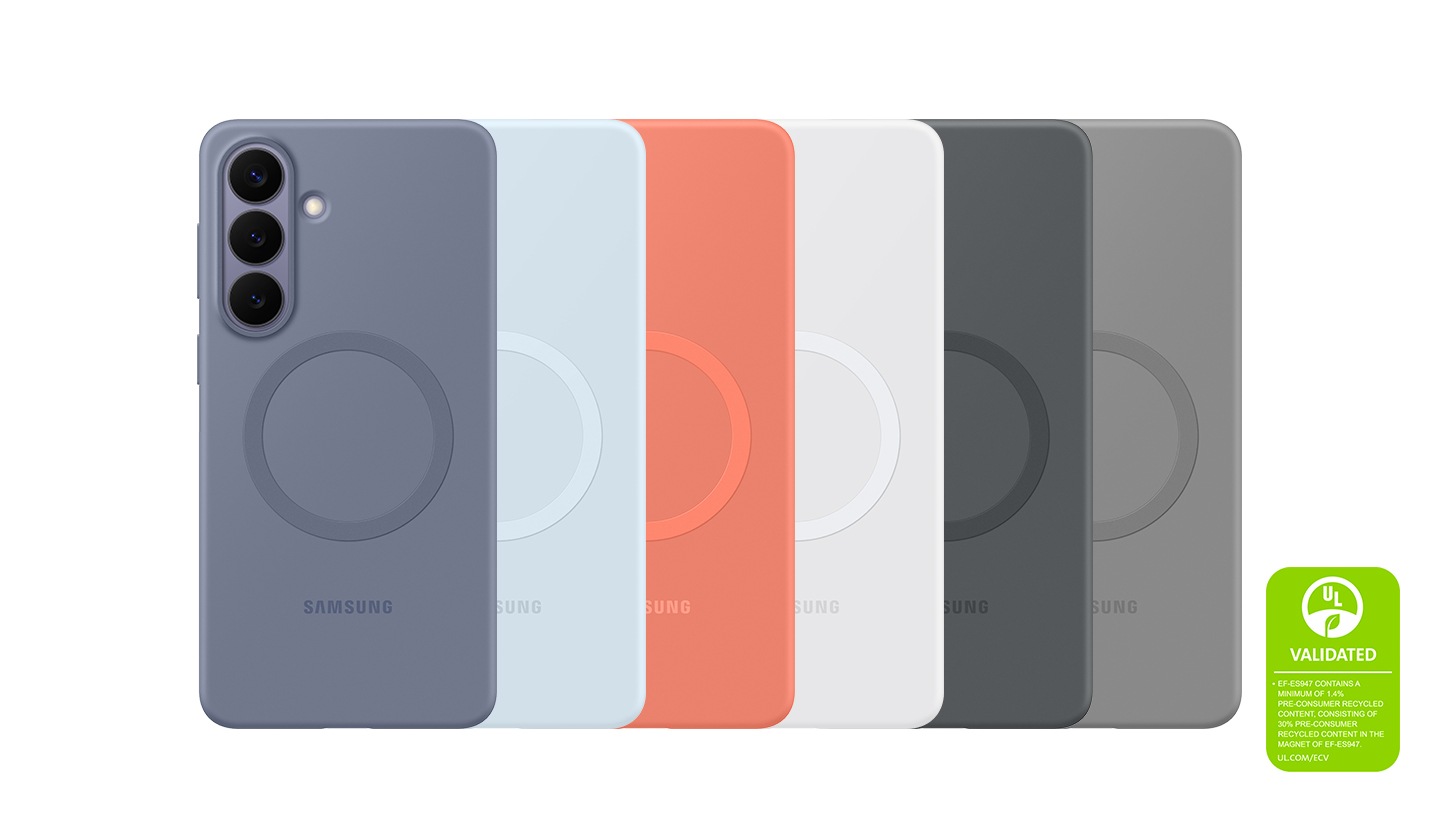 Six Galaxy S26+ devices are lined up in Blueviolet, Lightblue, Coralred, White, Black, Gray Silicone Magnet Case. A UL Environmental Claim Validation Mark is shown 'UL VALIDATED. EF-ES947 CONTAINS A MINIMUM OF 1.4% PRE-CONSUMER RECYCLED CONTENT, CONSISTING OF 30% PRE-CONSUMER RECYCLED CONTENT IN THE MAGNET OF EF-ES947. UL.COM/ECV'.