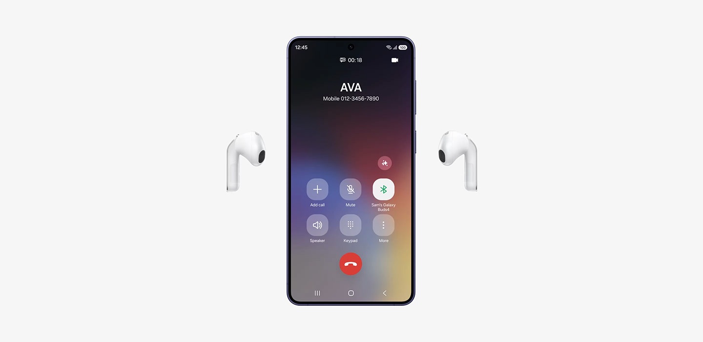 A pair of white, Galaxy Buds4 with a Galaxy Tab in the middle, indicating the Buds are being used to watch the content. Galaxy smartphone appears, displaying the caller name 'Ava.' Galaxy Buds4 and the smartphone are paired via Bluetooth for the phone call. The smartphone disappears and Galaxy Tab is in the middle again, indicating the Auto Switch feature.