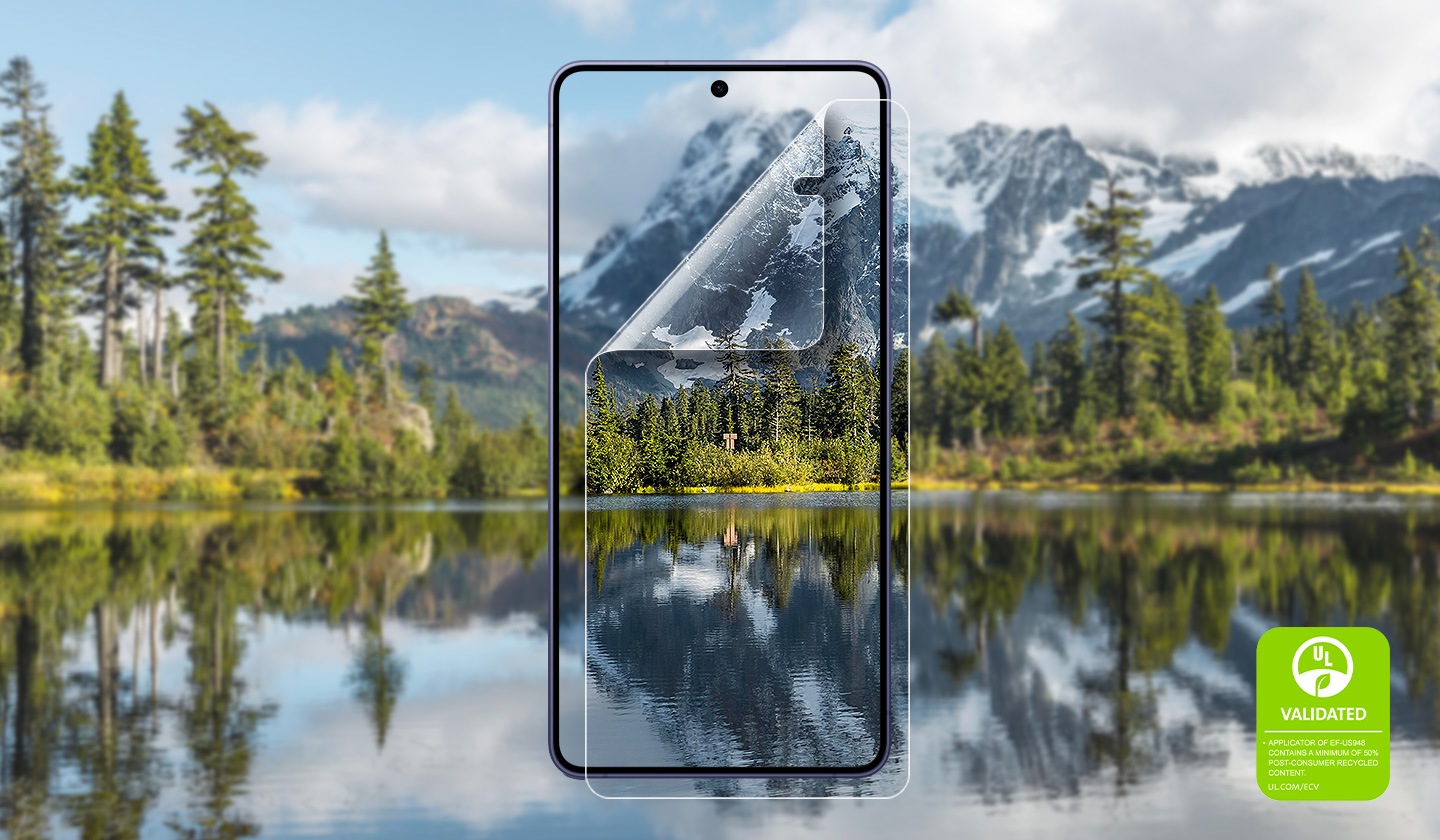 Front-facing view of a Galaxy S26 Ultra with the Anti-reflective Film outlined over a mountain lake, emphasizing the film's clear viewing. A UL Environmental Claim Validation Mark is shown 'UL VALIDATED. APPLICATOR OF EF-US948 CONTAINS A MINIMUM OF 50% POST-CONSUMER RECYCLED CONTENT. UL.COM/ECV'.