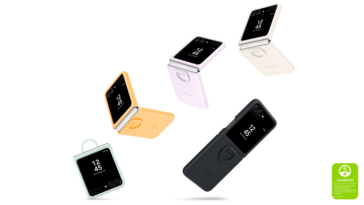 Five Galaxy Z Flip5 devices are shown, each rising higher in midair. They are covered with a Silicone Case with Ring in different colors of mint, apricot, lavender, cream and indigo. They are all in slightly different angles, either folded, half-folded or fully unfolded. The text reads PLASTIC OF SILICONE CASE WITH RING (EF-PF731) CONTAINS A MINIMUM OF 15% POST-CONSUMER RECYCLED CONTENT. UL.COM/ECV