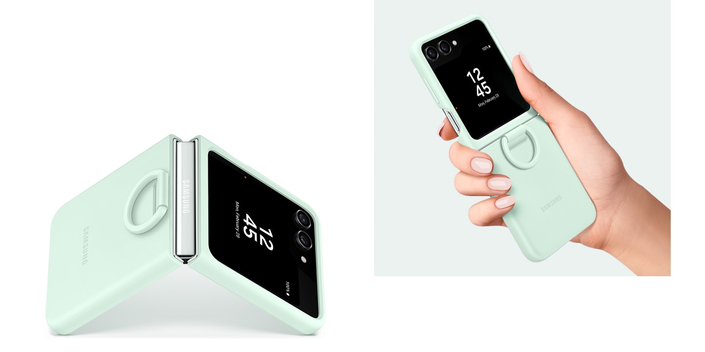 A Galaxy Z Flip5 device covered with a mint Silicone Case with Ring is open at a 45-degree angle and standing up like a tent with a ring grip on the hinge. A hand is firmly holding the same device unfolded.
