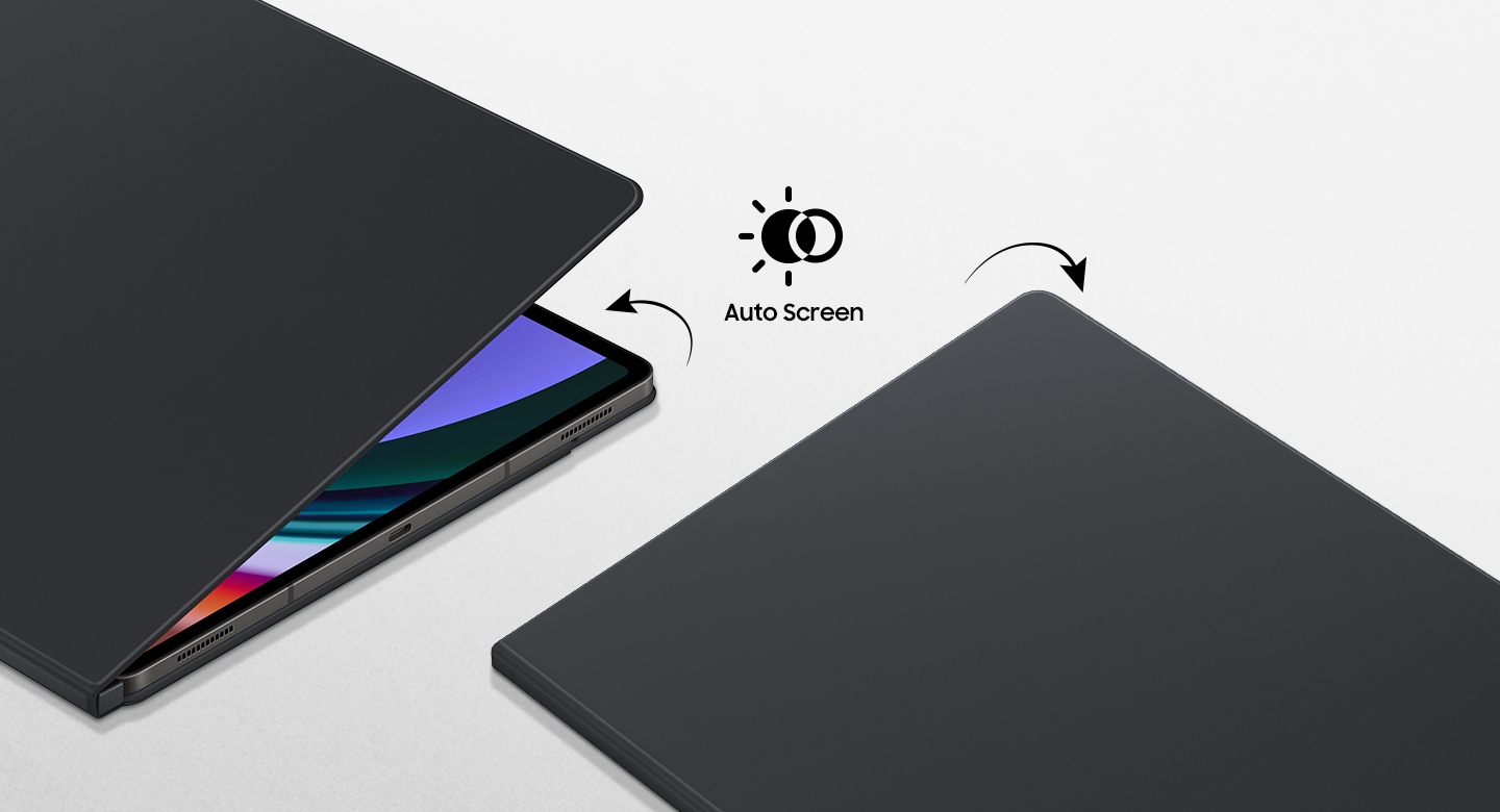 Two Galaxy Tab S9 Ultra devices encased in Smart Book Covers are seen lying flat. The cover on one device is slightly open with the screen on to showcase the auto wake-up feature. The other one is turned off with the cover down.