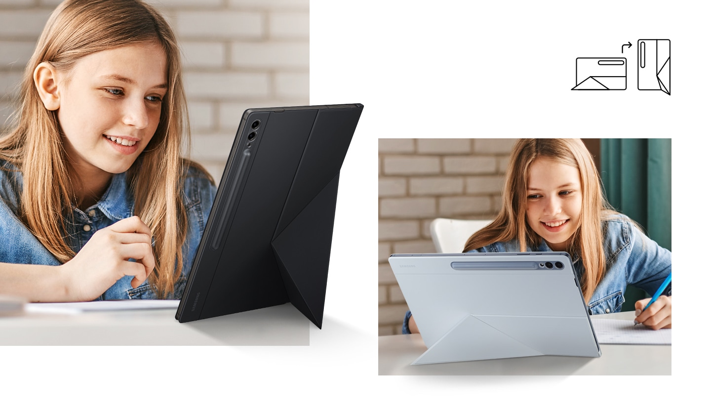 A young girl seen using Galaxy Tab S9 Ultra with Smart Book Cover on, placed vertically and propped up with a stand. Next to it, she is seen using the device horizontally with a stand on the back.