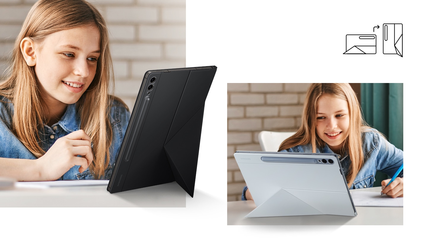 A young girl seen using Galaxy Tab S9+ with Smart Book Cover on, placed vertically and propped up with a stand. Next to it, she is seen using the device horizontally with a stand on the back.