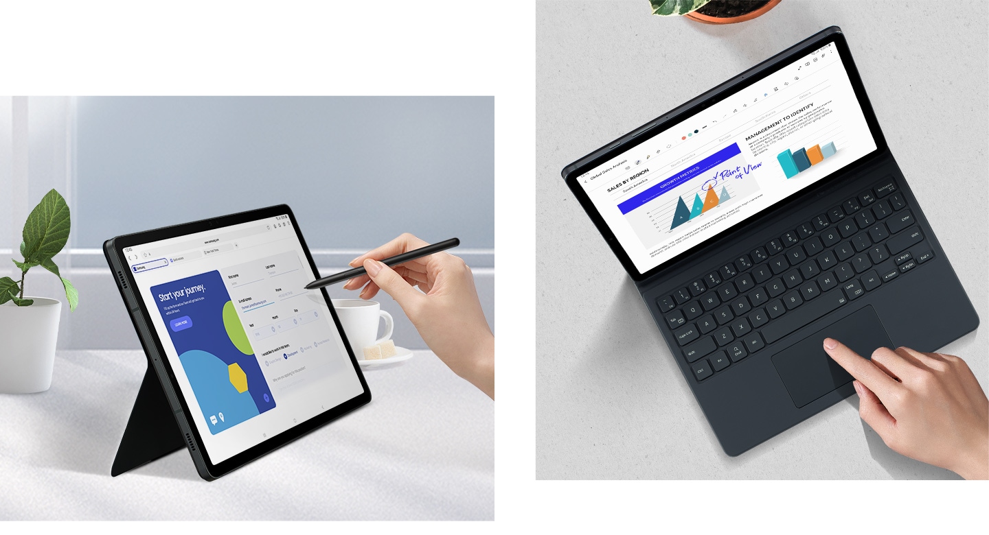 A person is pointing S Pen at a Galaxy Tab S9 with a web browser shown onscreen, propped up horizontally at an angle using the Book Cover Keyboard. A top view of a person using the trackpad on the Book Cover Keyboard to navigate the Samsung Notes app on Galaxy Tab S9.