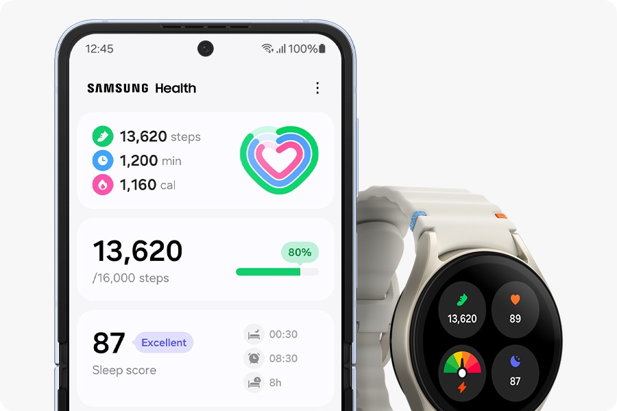 A Galaxy Watch7 displays daily activity progress and the paired Samsung Galaxy smartphone displays the detailed activity stats including hours of sleep, steps and burned calories within Samsung Health app.