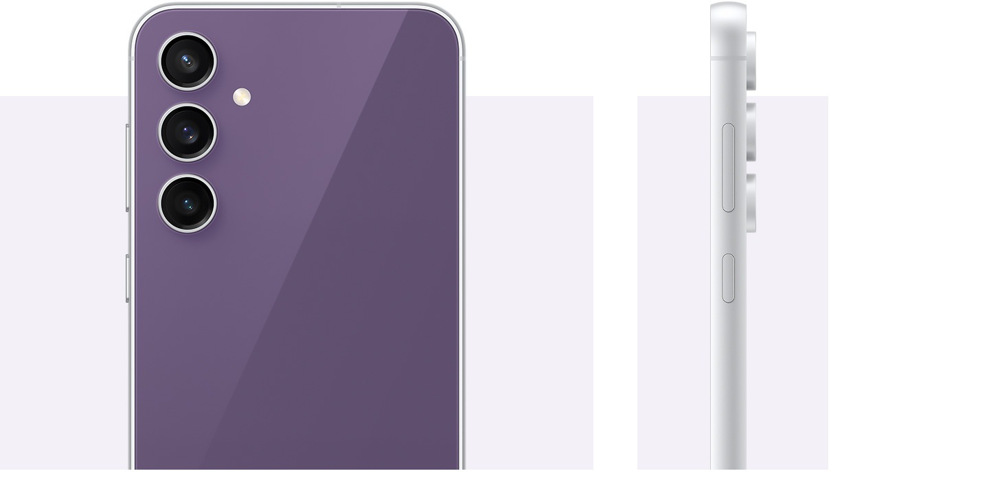 Two Galaxy S23 FE devices in Purple. One stands upright and is seen from the rear. The other is seen from the side to show the floating camera design.