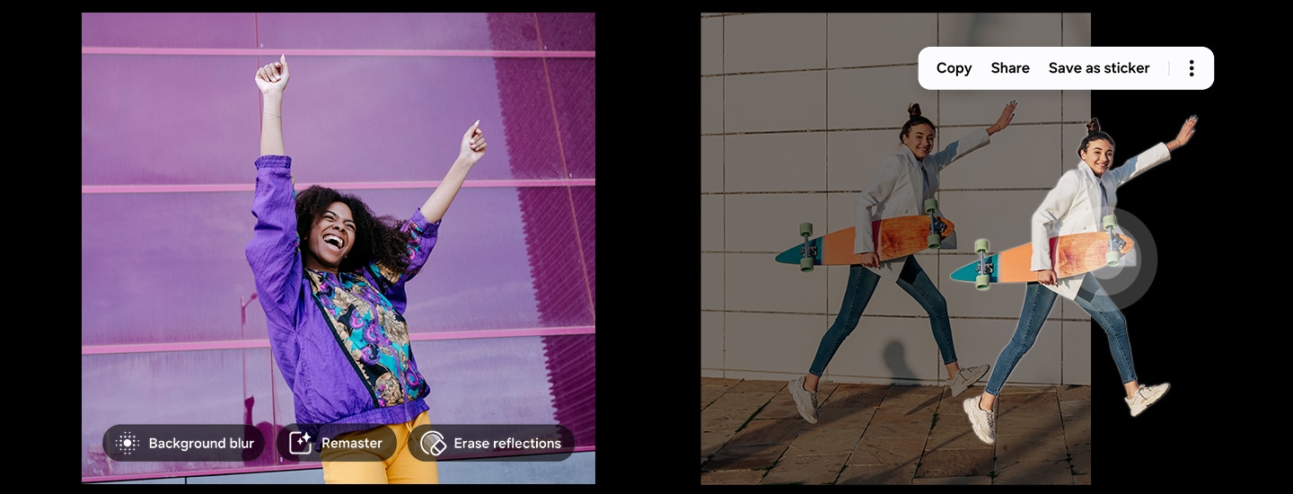 A split-screen image showcasing photo editing features. Edit Suggestion: A joyful woman with raised arms with options for Background blur, Remaster, and Erase reflections. Image Clipper: A woman holding a skateboard has been duplicated and lifted from the background, with options to copy, share, or save as a sticker displayed.