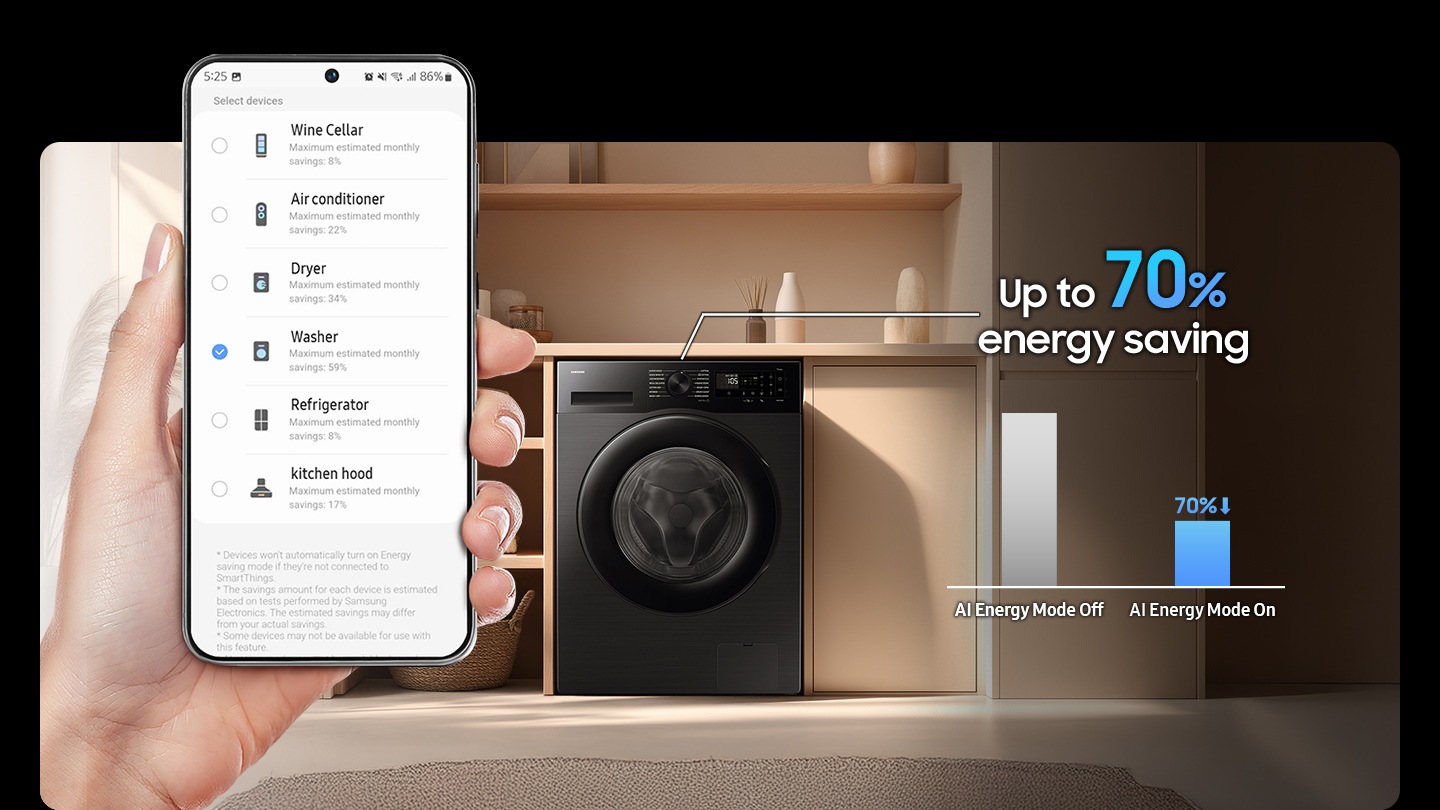 The AI ​​Energy Mode for Washer is activated by checking the mode button to 'On' and selecting the device you want to run on your smartphone. AI Energy mode reduces energy consumption up to 70% more than the 40&ordm;C cotton cycle.