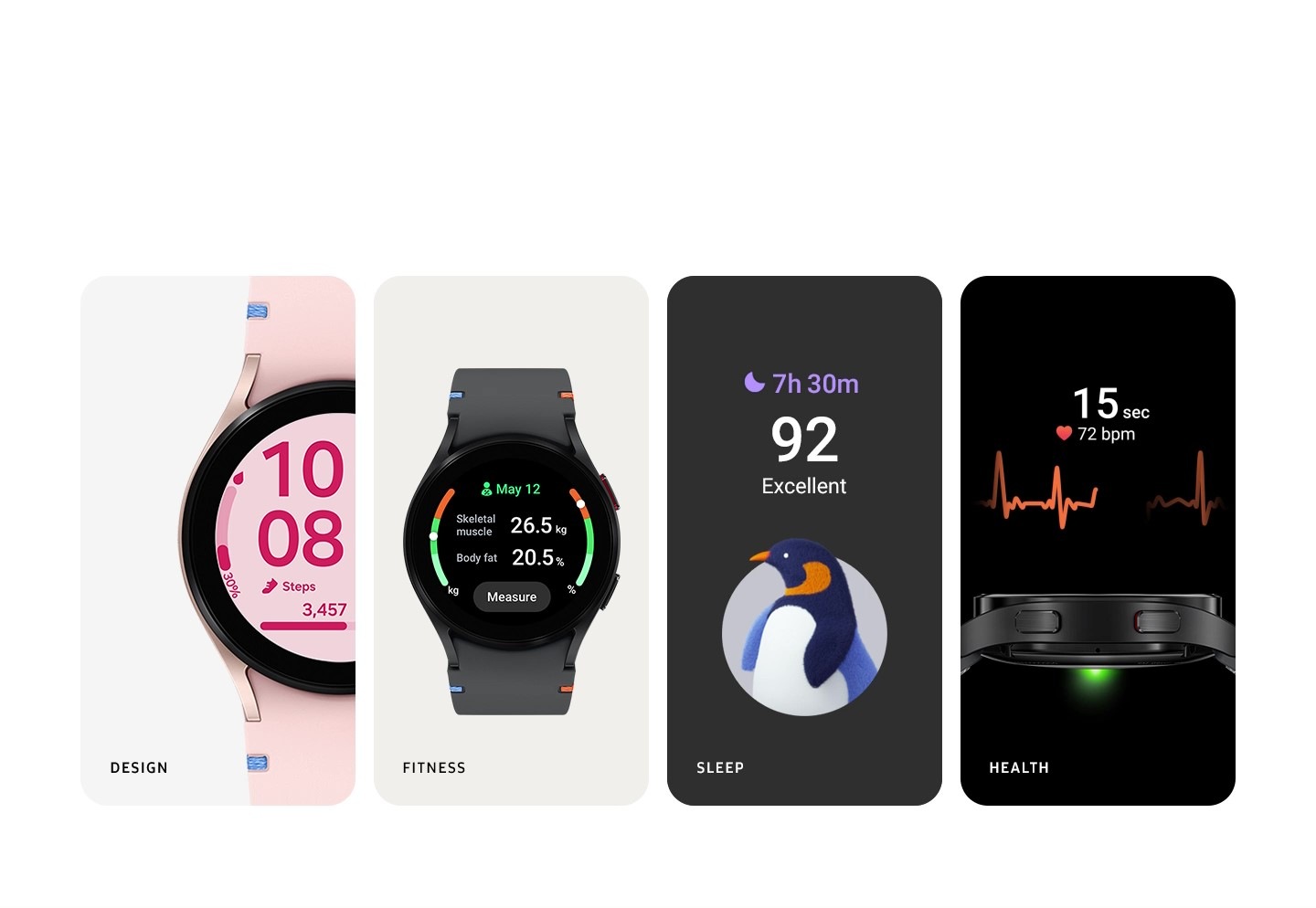 این ویدئو امکانات کلیدی Galaxy Watch FE، در حوزه‌های طراحی، تناسب اندام، خواب و سلامت، را در چهار بخش جداگانه نشان می‌دهد. در بخش طراحی، Galaxy Watch FE طلایی صورتی در حالی از نمای جلو دیده می‌شود که دستگاه به سمت راست مایل شده است. صفحه ساعت زمان و مجموع تعداد گام را روی رابط صورتی نشان می‌دهد. در بخش تناسب اندام، Galaxy Watch FE مشکی از نمای جلو دیده می‌شود. صفحه ساعت تاریخ و نتایج سنجش ترکیب بدن را نشان می‌دهد. در بخش خواب، رابط پایش خواب مدت، نمره خواب و حیوان نماد خواب را نشان می‌دهد. در بخش سلامت، زمان، BPM و نمودار ECG در رابط کاربری گرافیکی ECG نمایان است. حسگر Galaxy Watch FE مشکی از نمای کنار و به رنگ سبز دیده می‌شود. 