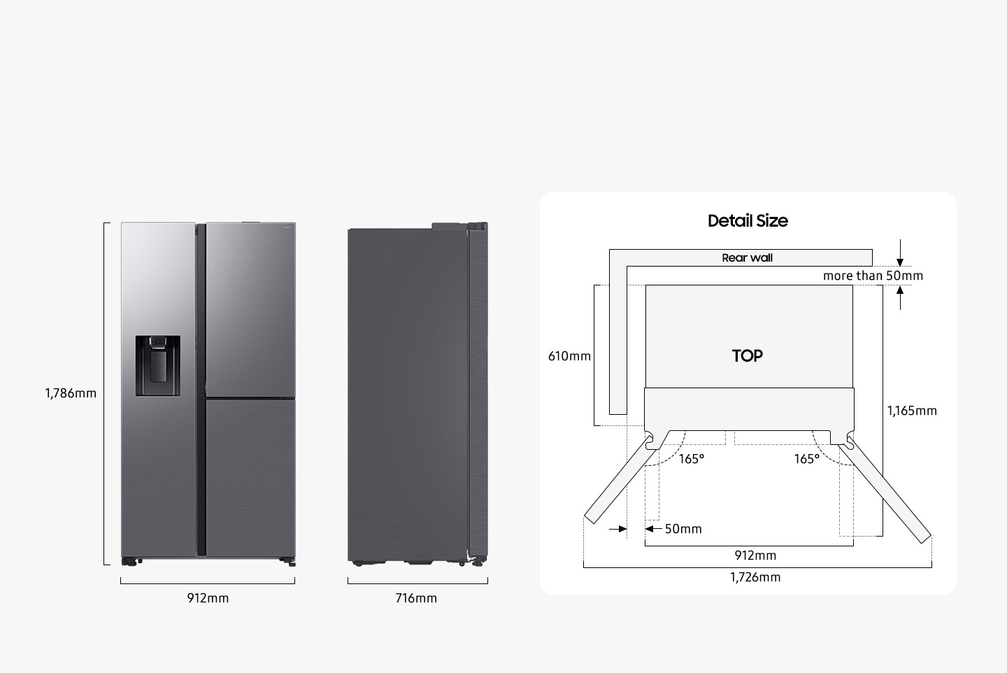 The refrigerator is 1,786mm high including the hinge, 912mm wide, and 716mm deep. Detailed sizes for installation are explained in the TOP view. Excluding door, the depth is 610mm. The both door can be opened 165 degrees maximum. When both doors are opened to the max, the total width is 1,726mm. When both doors are opened to 90 degrees, the total depth is 1,165mm. When installed, the refrigerator needs more than 50mm of space from the rear wall and side walls.