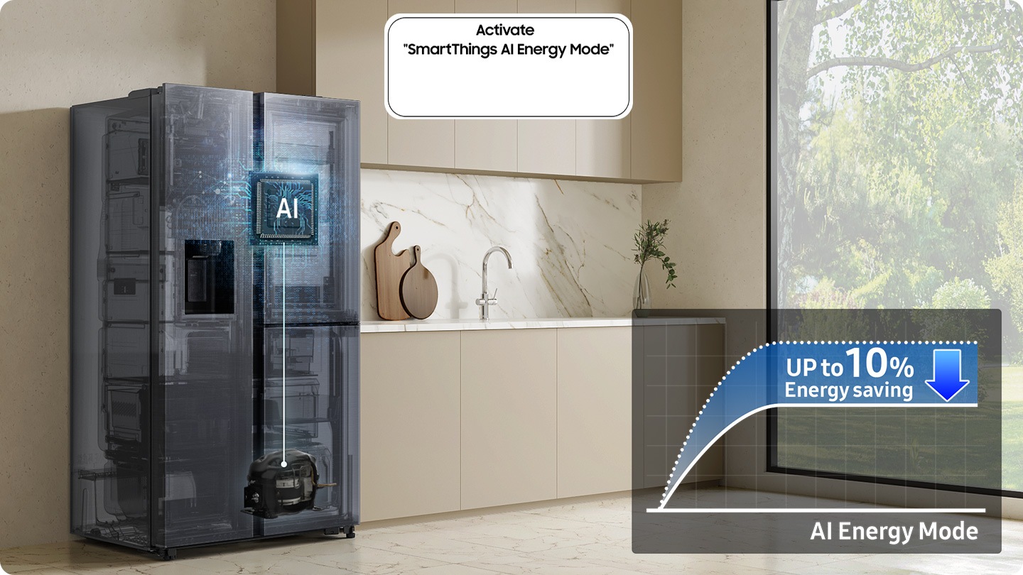 The refrigerator installed in the kitchen with the Activate “SmartThings AI Energy Mode” button ON. The AI Energy Mode is turned on, AI activated to check internal and manage the compressor, and a graph shows the UP to 10% Energy Saving effect when in AI Energy Mode compared to Normal mode.