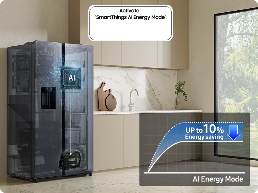 The refrigerator installed in the kitchen with the Activate “SmartThings AI Energy Mode” button ON. The AI Energy Mode is turned on, AI activated to check internal and manage the compressor, and a graph shows the UP to 10% Energy Saving effect when in AI Energy Mode compared to Normal mode.