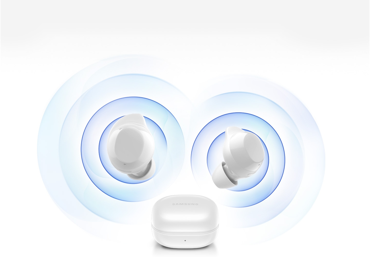 The white Galaxy Buds Core charging case is in the middle with the earbuds hovering overhead. Multiple rings appear around the left and right earbuds representing sound.
