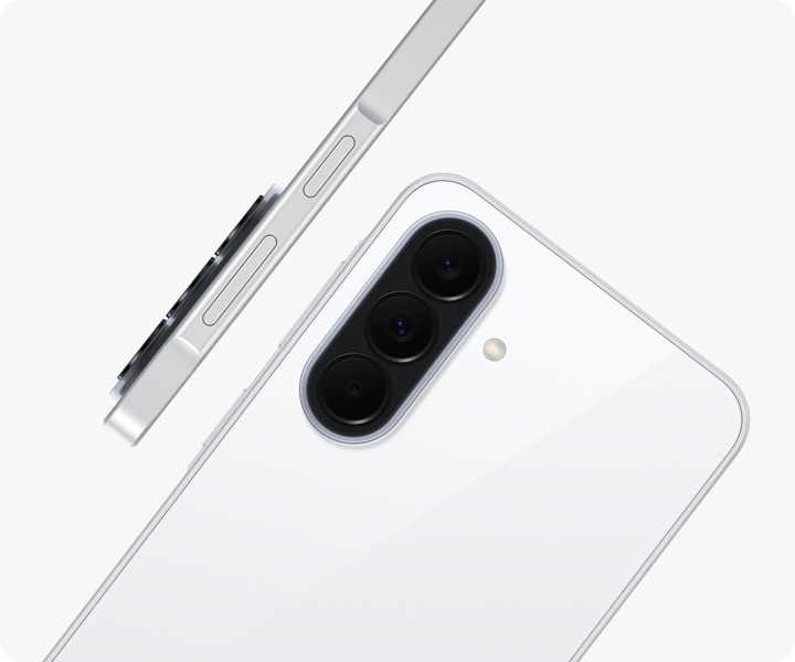 Galaxy A37 5G in Awesome White is seen at an angle from the back, highlighting the camera bump with the Triple Camera. Another Galaxy A37 5G in Awesome White is shown from the side view, highlighting the slim design.