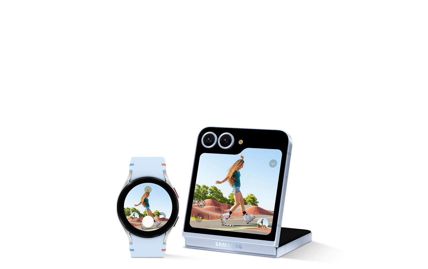 Galaxy Watch FE نقره‌ای با بند آبی آسمانی کوک‌دار از نمای جلو دیده می‌شود. پیش‌نمایش تصویر انگشتی یک زن در حال اسکیت‌سواری در صفحه ساعت نمایان است. Galaxy Z Flip6 آبی از نمای جلو دیده می‌شود. دستگاه تا شده است و در وضعیت اریب قرار گرفته است. پیش‌نمایش مشابه زنی را در حال اسکیت‌سواری با بزرگ‌نمایی 1x نشان می‌دهد. 
