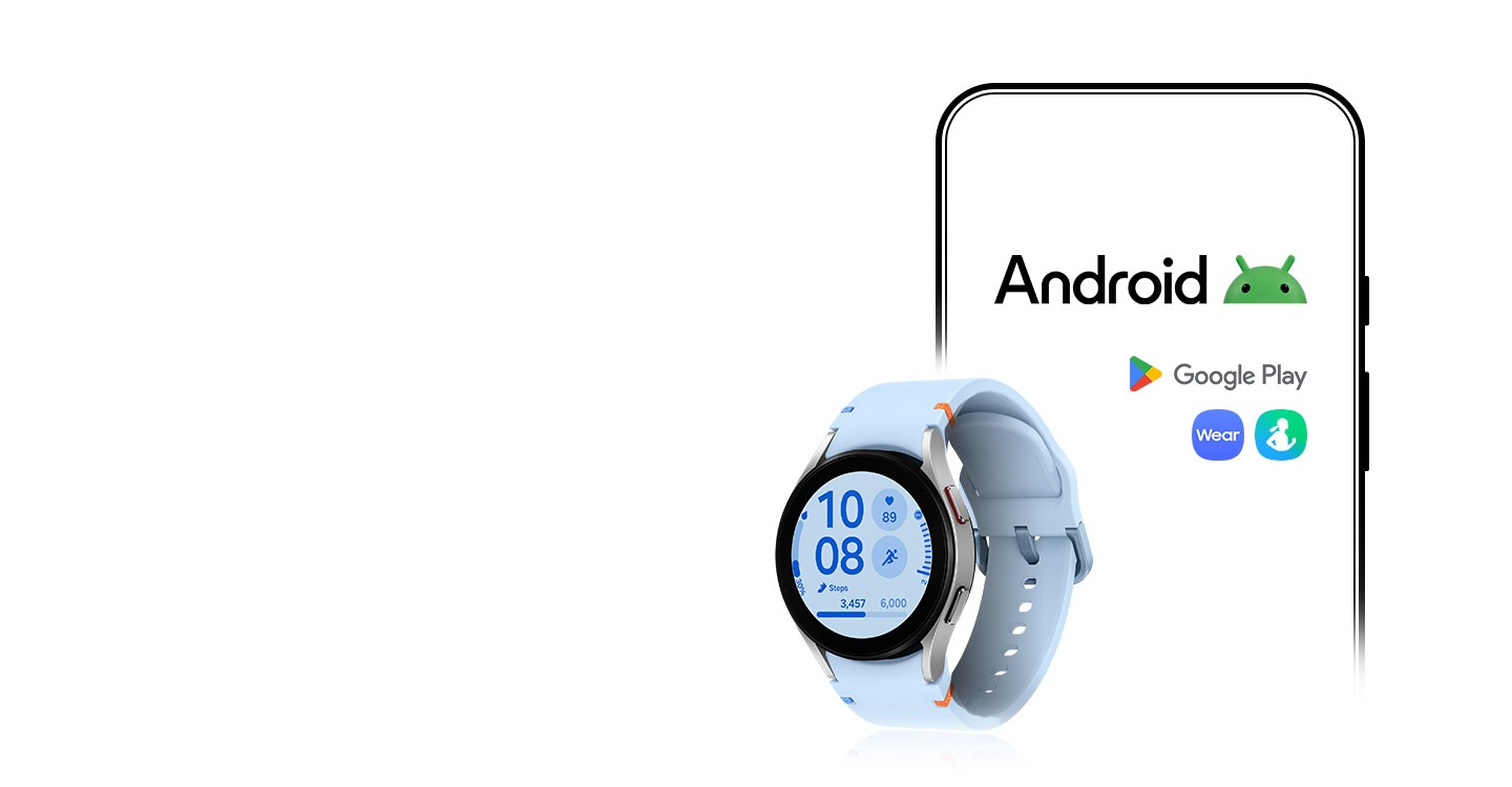 در پشت تلفن هوشمند Android با آرم Android، نشان Google Play و نماد برنامه‌های Galaxy Wearable و Samsung Health دیده می‌شود. در قسمت جلو، Galaxy Watch FE قرار دارد.