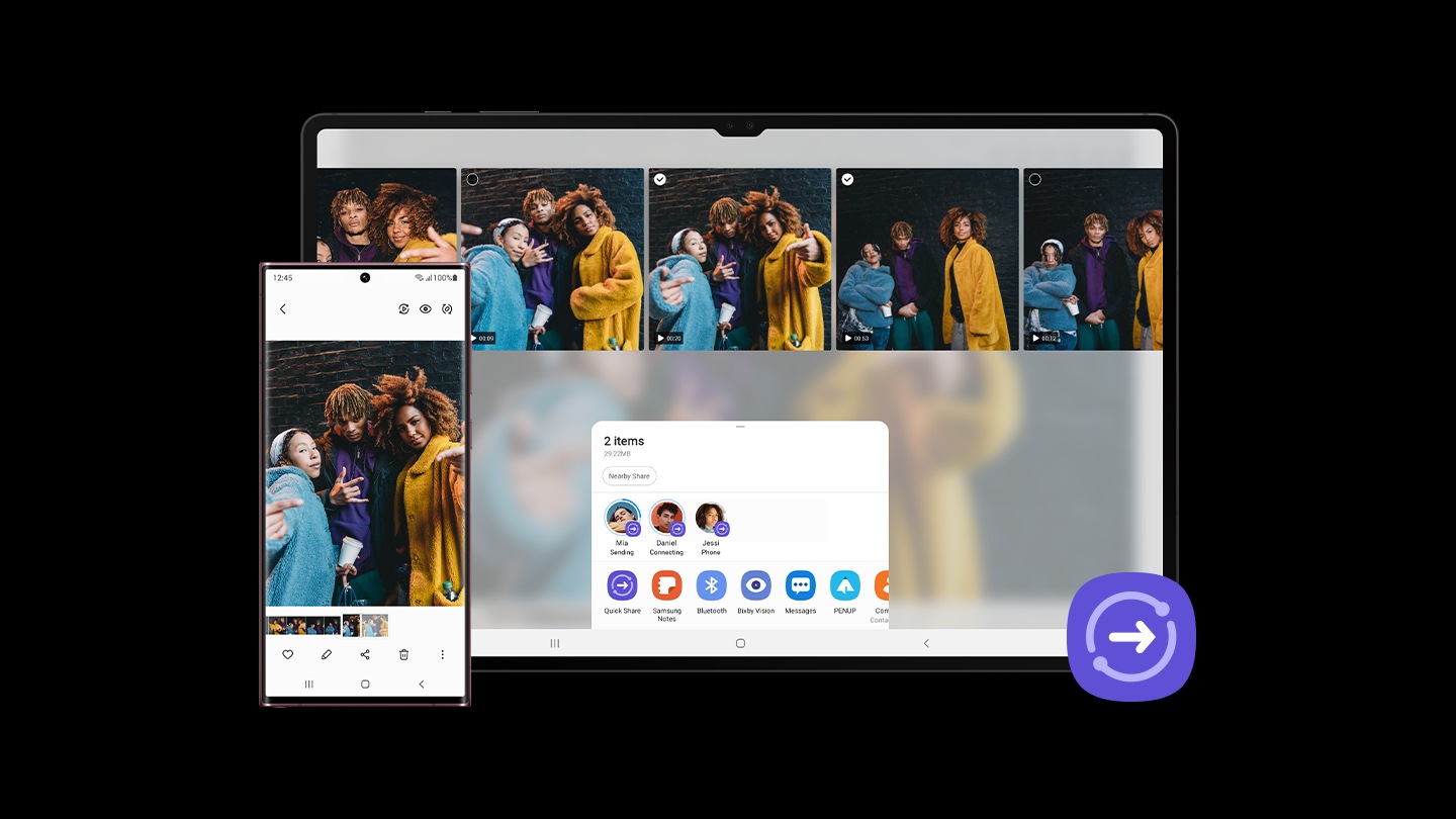 Vari scatti di tre amici mostrati con Quick Share aperto come popup nella parte inferiore dello schermo di Galaxy Tab serie S8. L'icona di Quick Share si trova nell'angolo in basso a destra. Uno smartphone Samsung Galaxy si trova sulla sinistra e mostra un video con degli amici che è stato inviato da Galaxy Tab serie S8 allo smartphone Samsung Galaxy. 