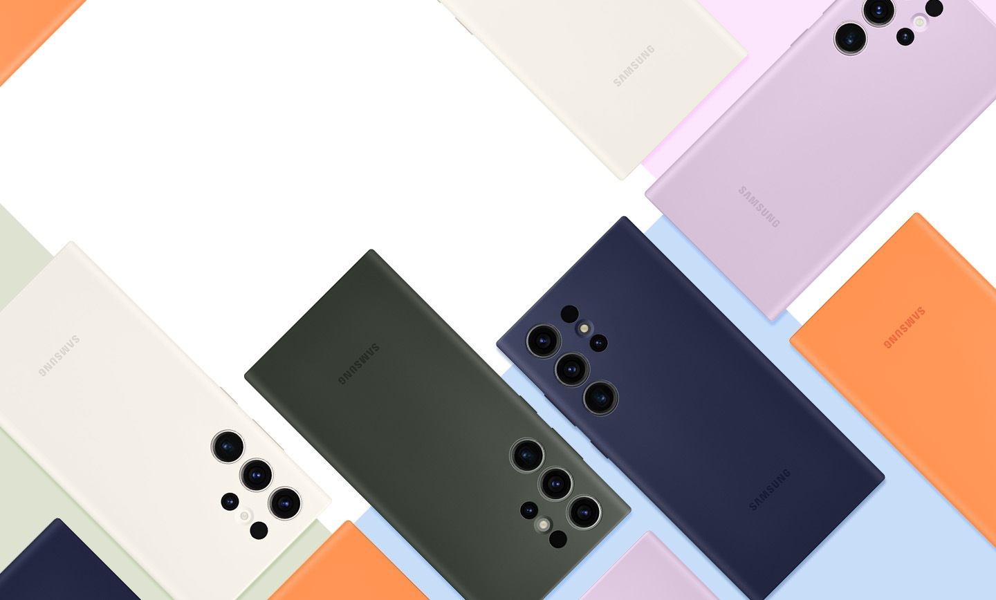 Diversi Samsung Galaxy S23 vengono in diversi colori mostrati dal lato posteriore in posizione diagonale.