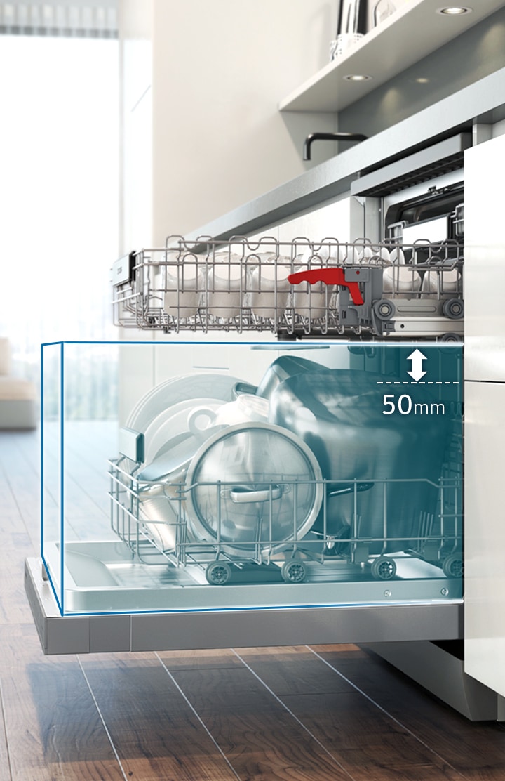 Shows how the upper rack can move up or down by up to 50mm to create space below to fit in various sizes of dishes.