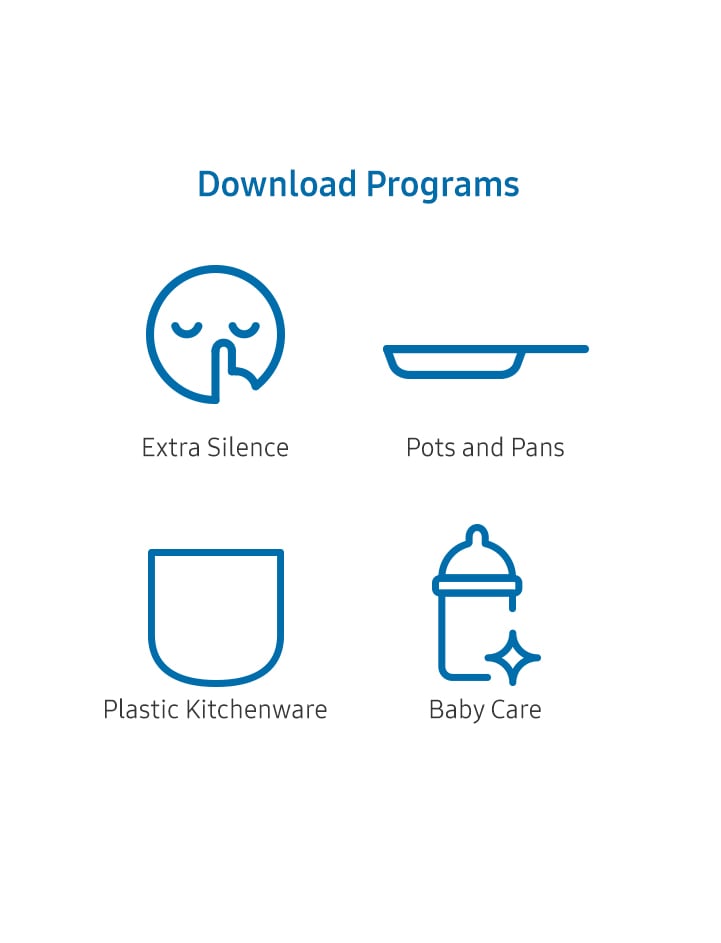 Shows the 4 specialist programs that you can choose from: Extra Silence, Pots and Pans, Plastic Kitchenware or Baby Care.