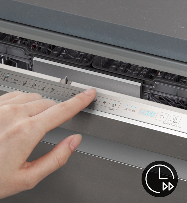 Shows a person touching the Speed Booster option on the control panel to complete the cleaning cycle much faster.
