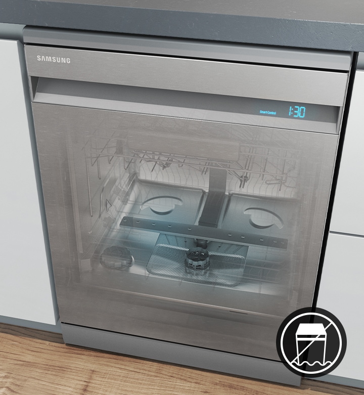 Shows the water drainage system inside the dishwasher to illustrate how Aqua Stop can detect potentially hazardous leaks.