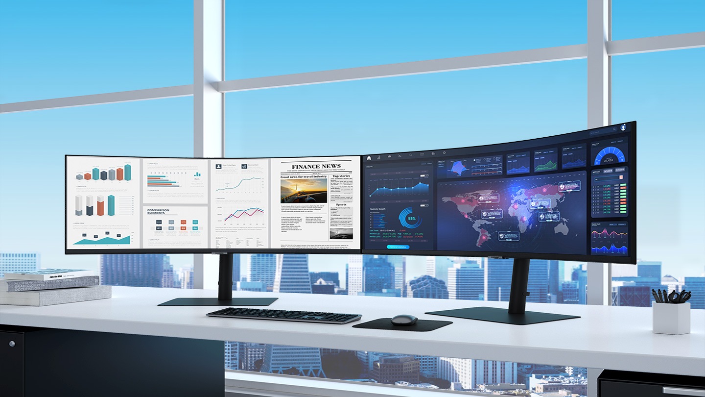 There are two S80UA monitors on the desk in a neat office.