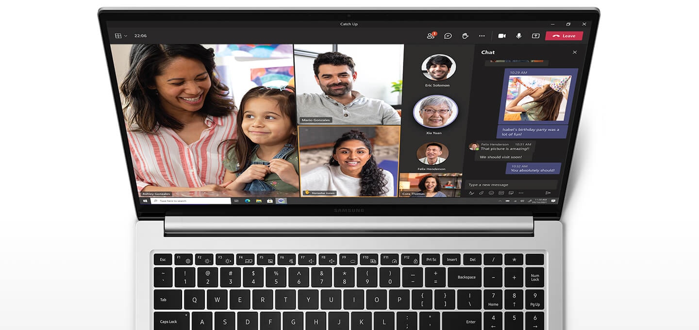 Appeared on the Galaxy Book is a video call with 10 different participants smiling, talking, or making a gesture while conducting a video call.