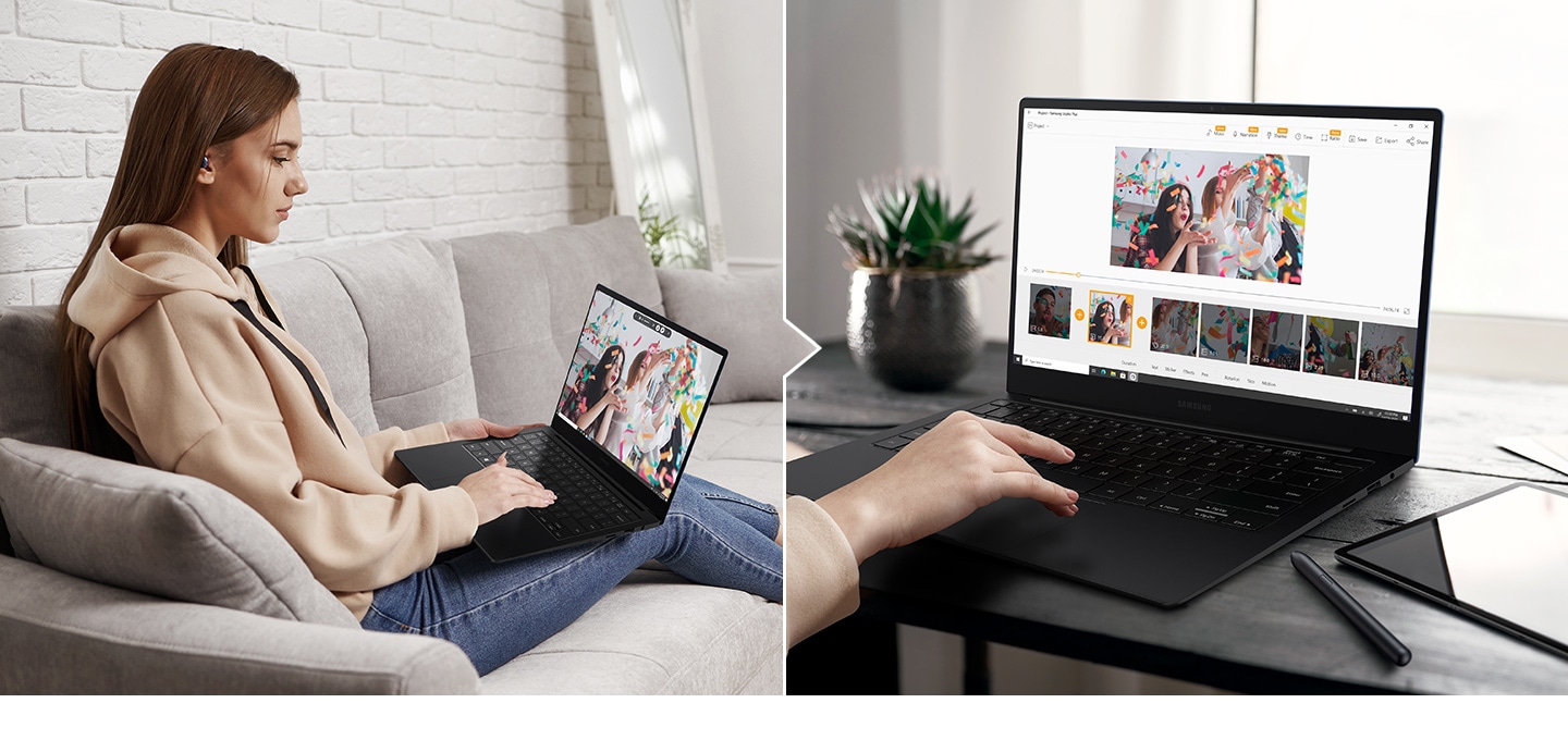 Two photos are shown side by side. In the first picture, a woman is watching a video that she recorded during a party sitting on her couch. Second picture shows a simple video editing process using Studio Plus.